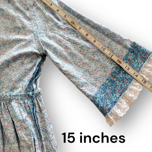 Vintage 1970s Large Handmade Blue Cotton Floral Prairie Dress, Cottagecore Lace - Picture 13 of 16